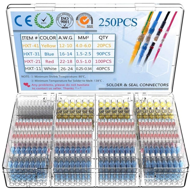 250/100Pcs Solder Seal Wire Connectors Heat Shrink Solder Butt Connectors Terminals Connector Kit Automotive Marine Insulated