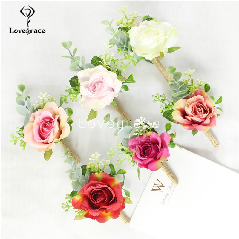Lovegrace Boutonniere Wedding Bride Wrist Corsage Flower Girl Bracelet White Rose Prom Party Men Buttonhole Decor Women Corsages