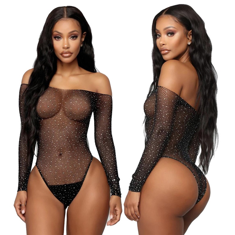 Sexy Fishnet Rhinestone Women Bodycon Long SleeveBodysuit Leotard Tops Hollow Out See Through Off Shoulder Sexy Lingerie