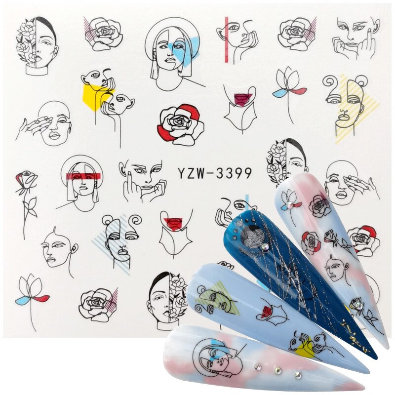 2020 New Designs Black Line Coloful Abstract Image Nail Sticker Decals Sexy Girl Water Transfer Slider For Nails Art