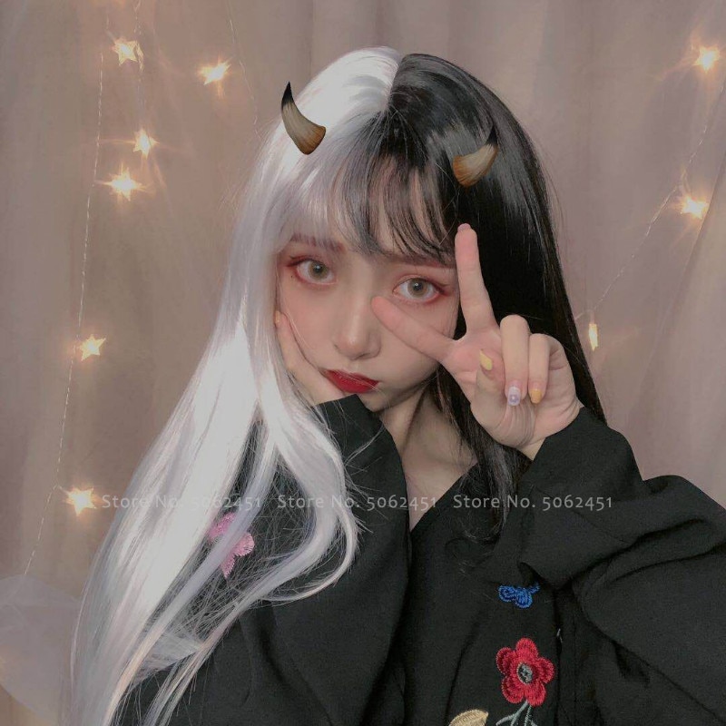 Women White Black Pink Wig Gothic Two Color Long Hair Stage Party Props Girls Japanese Anime Cosplay Costumes Kawaii Headwear