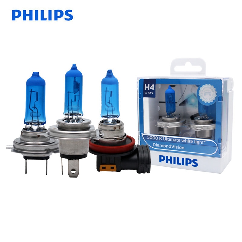 Philips Diamond Vision H1 H4 H7 H8 H11 HB3 HB4 9003 9005 9006 12V 5000K Car Halogen Head Light Fog Lamps Xenon White Bulbs, Pair