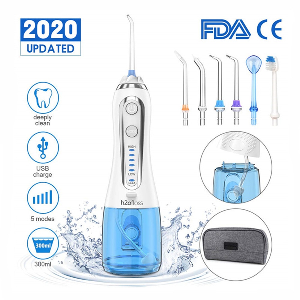 300ml Portable Oral Irrigator USB Rechargeable Dental Water Flosser Jet 5 Modes Irrigator Dental Teeth Cleaner + 5 Jet Tip & Bag