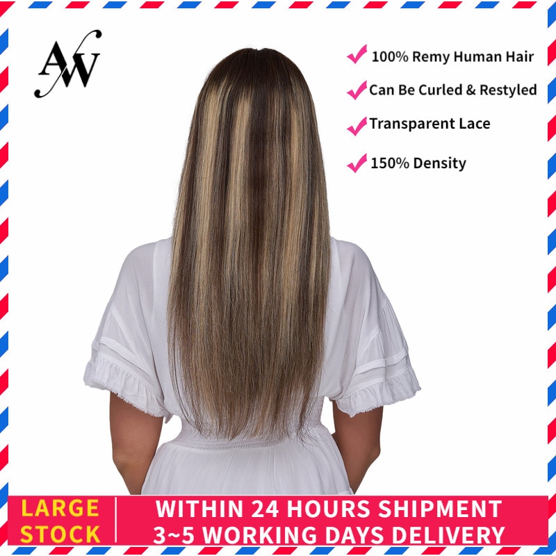 AW 20'' HD Transparent Half Lace Wigs Straight Pre Plucked Hairline Remy Human Hair Wig For Women 150% Density Golden Brown