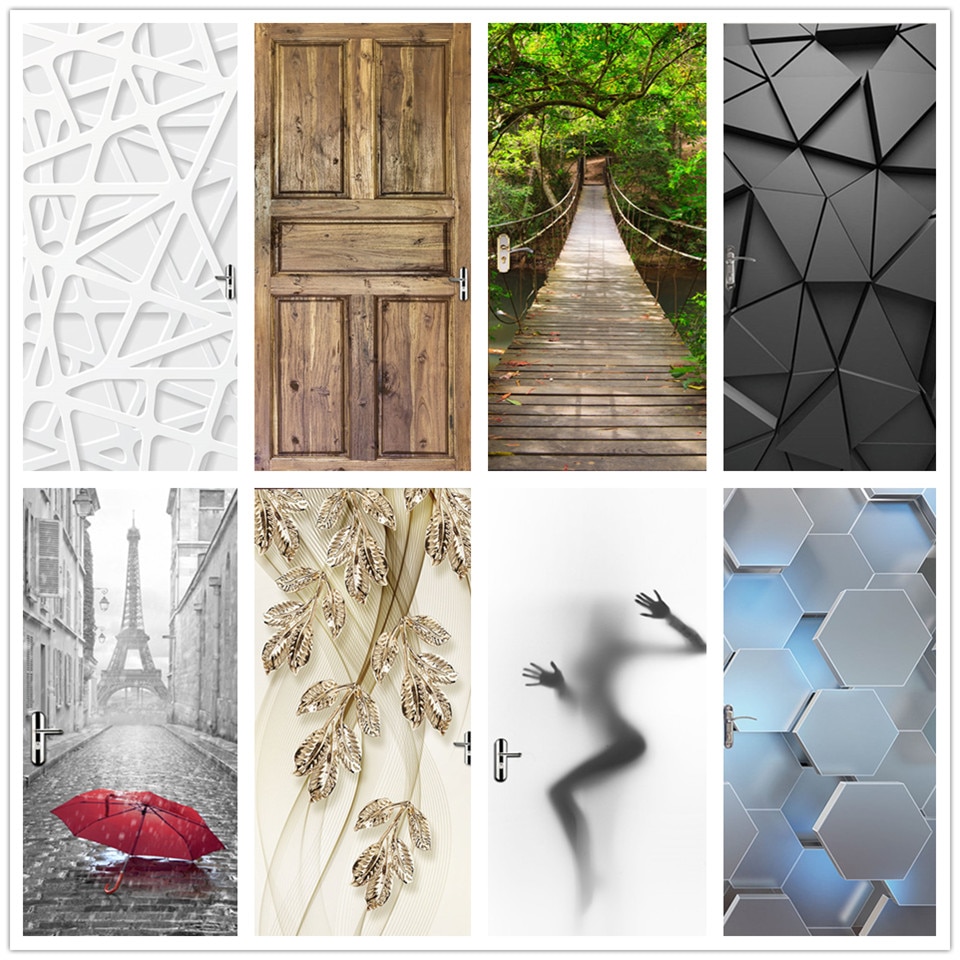 Scenery Wood Grain Door Sticker Vinyl Adhesive Waterproof Removable Wallpaper Poster Room Decoration Mural Decals adesivo porta