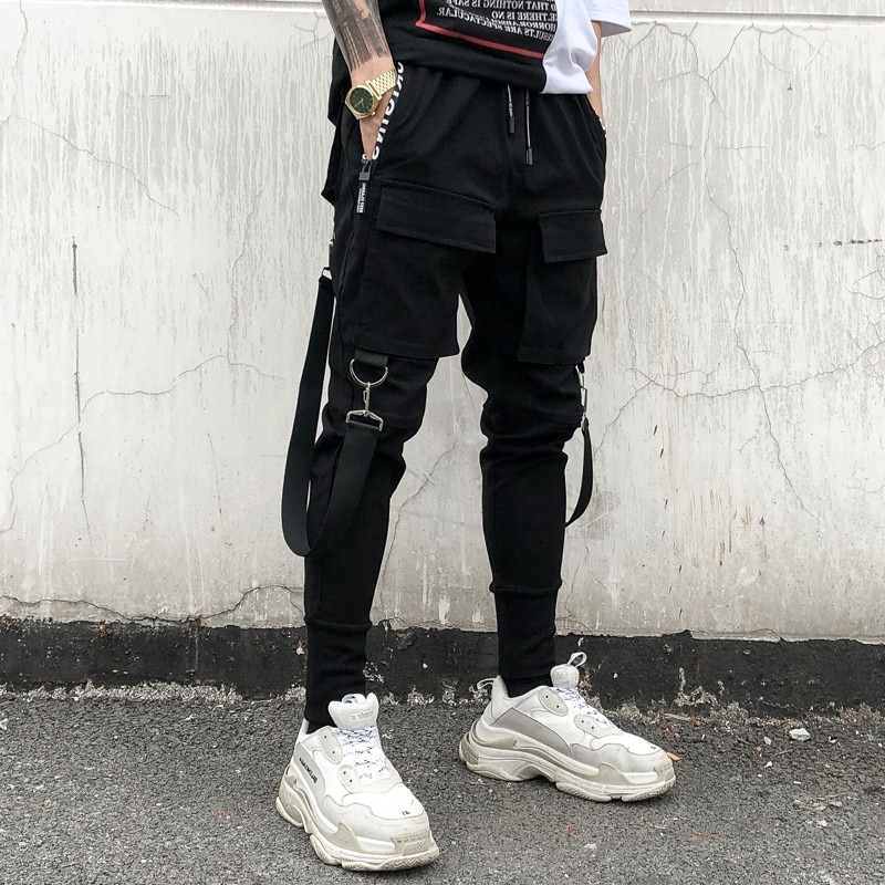 2021Hip Hop Joggers Mens Black Harem Pants Multi Pocket Ribbons Mens Sports Pants Streetwear Cargo Pants Men Japanese Streetwear