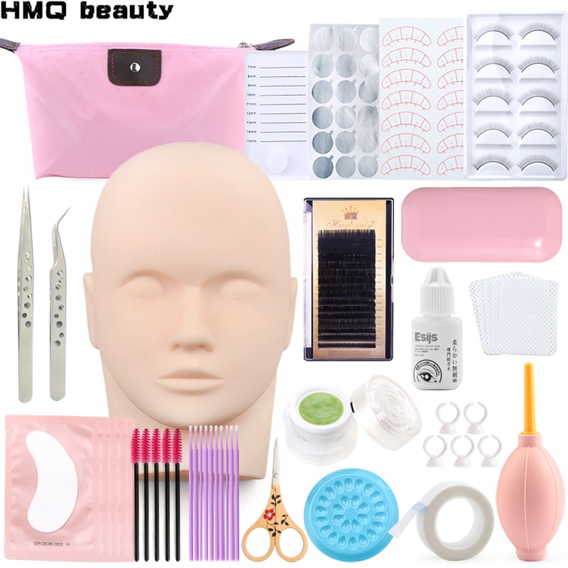 20 in 1False Eyelash Extension Training Kit Practice Model Head Eye Pads Tweezers Glue Ring Brush Grafting Eyelash Tools Kit