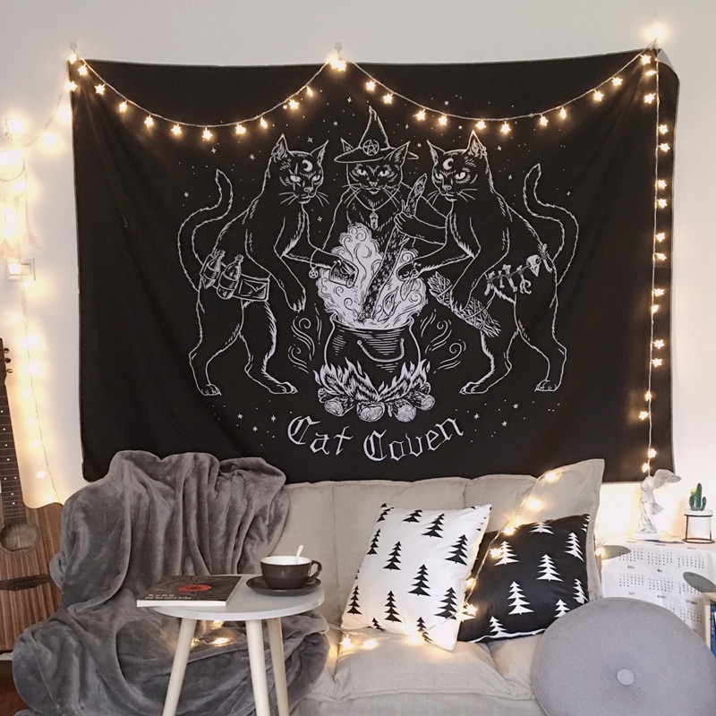 Cat Witchcraft Tapestry Wall Hanging Tapestries Mysterious Divination Baphomet Occult Home Wall Black Cool Decor Cat Coven
