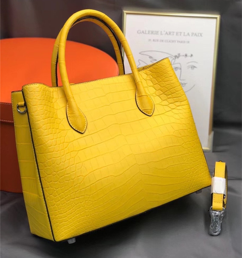 Authentic Crocodile Belly Skin Lady Yellow Working Purse Genuine Alligator Leather Female Handbag Women's Large Shoulder Bag