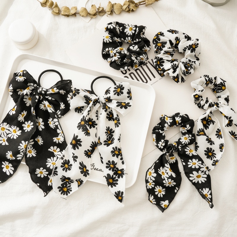 Girls Bowknot Long Streamer Elastic Hair Band Vintage Hair Rope Summer Spring Daisy Female Hair Scrunchies Hair Accessories