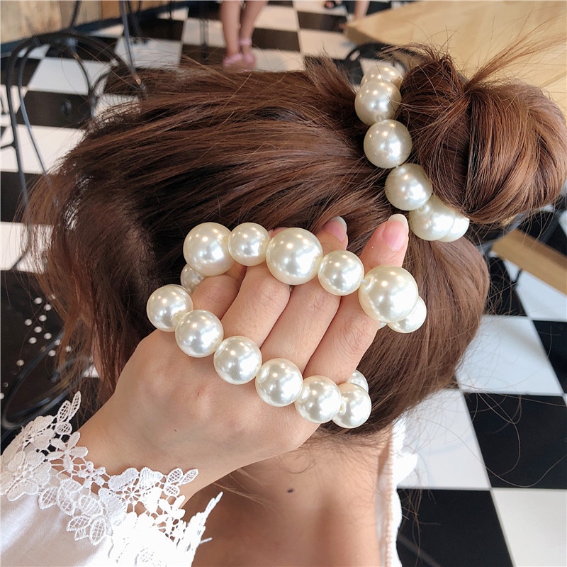 Ruoshui Woman Big Pearl Hair Ties Fashion Korean Style Hairband Scrunchies Girls Ponytail Holders Rubber Band Hair Accessories