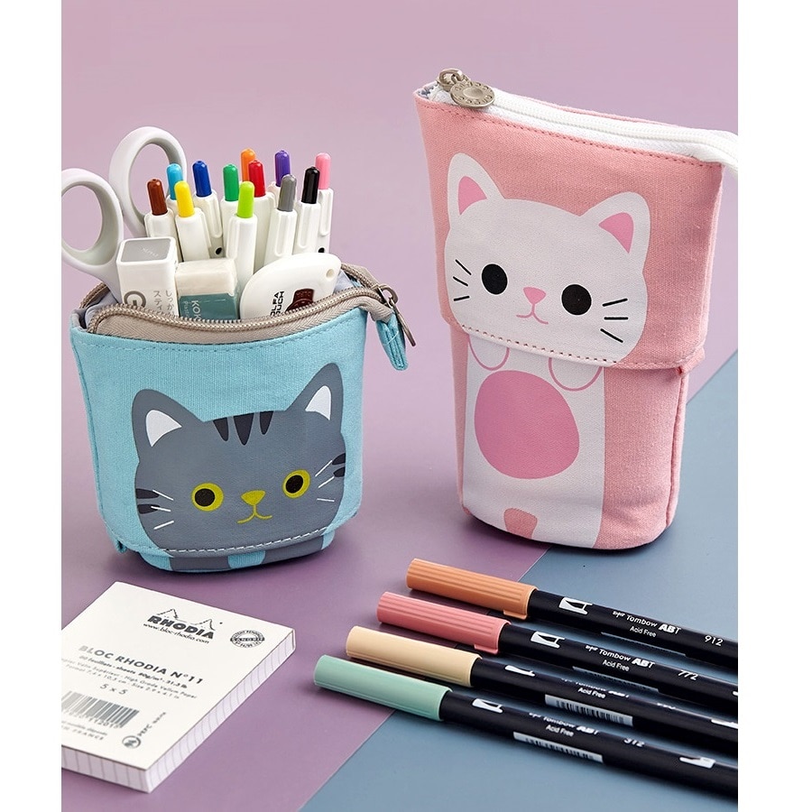 Angoo [Fun] Pen Pencil Bag Case, Cartoon Cute Cat Bear Sheep Canvas Fold Standing Holder Stationery Organizer Kids Gift A6445