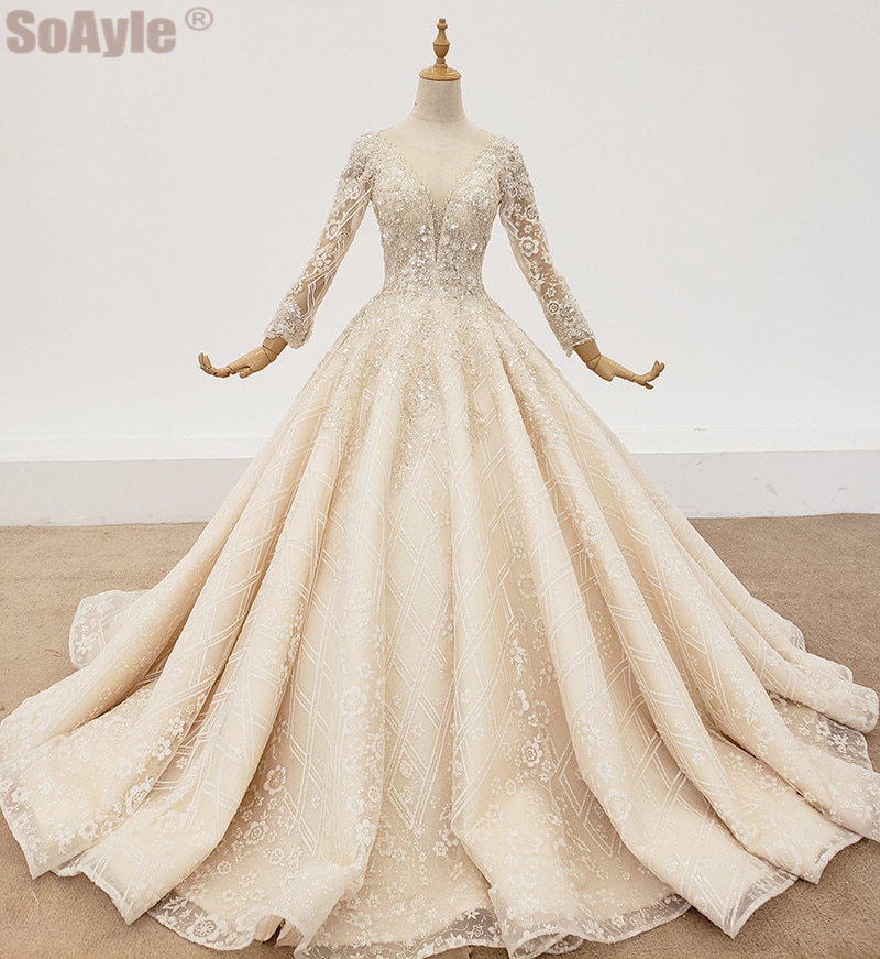 SoAyle Wedding Dresses 2020 Ball Gown Shiny Crystal Sexy Deep V Neck Wedding Dress Lace Embroidery Wedding Dress with Sleeves