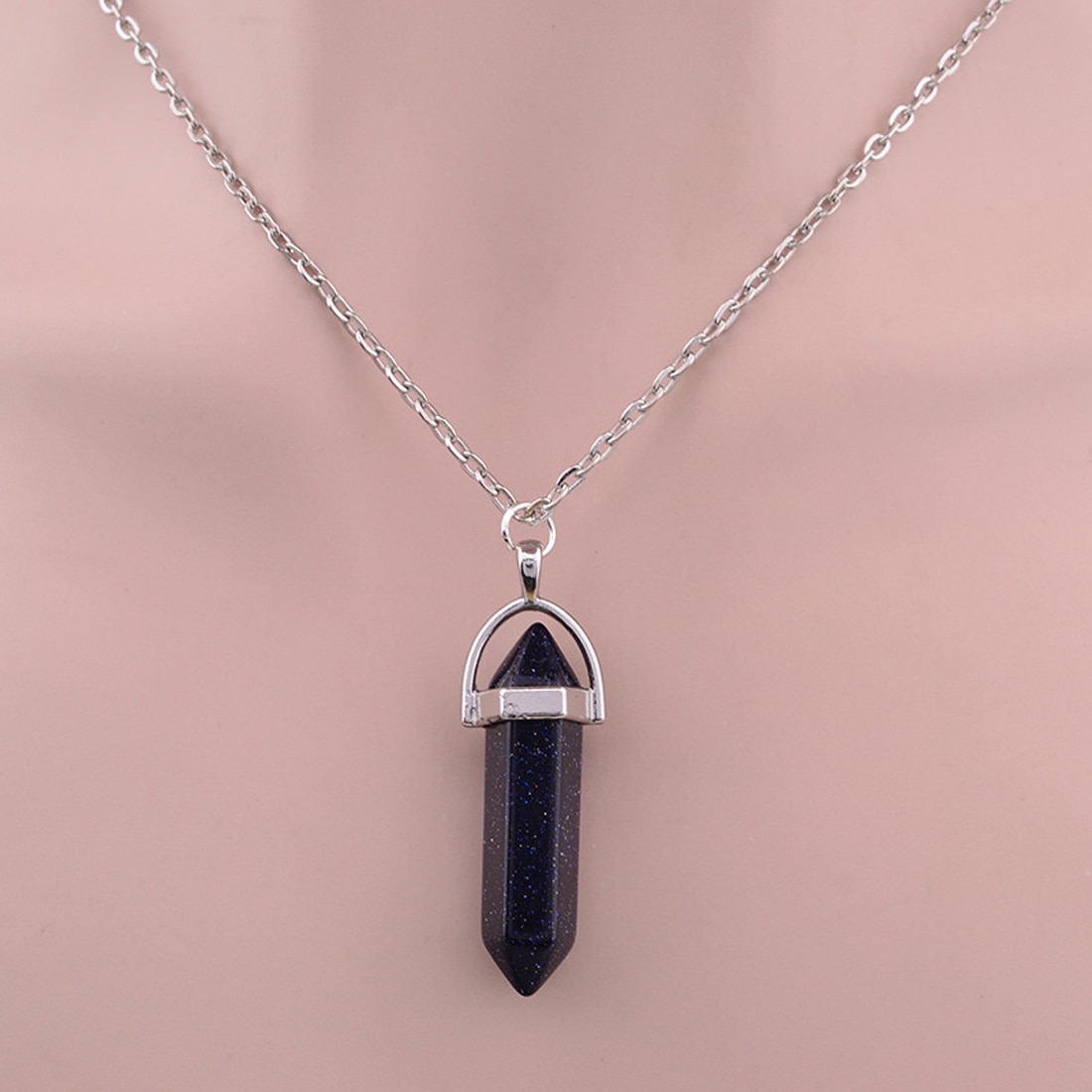 1Pcs Crystal Pendant Fashion Hexagonal Column Bullet Natural Stone Pendant Necklaces Quartz Sliver Chain Necklace Jewelry Hot