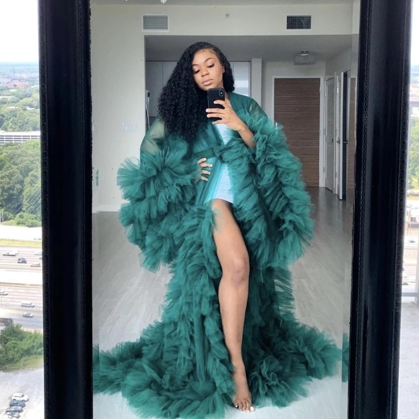 Fashion Ruffles Tulle Kimono Women Dress Robe Extra Puffy Prom Party Dresses Puffy Sleeves African Cape Cloak Pregnant Gowns