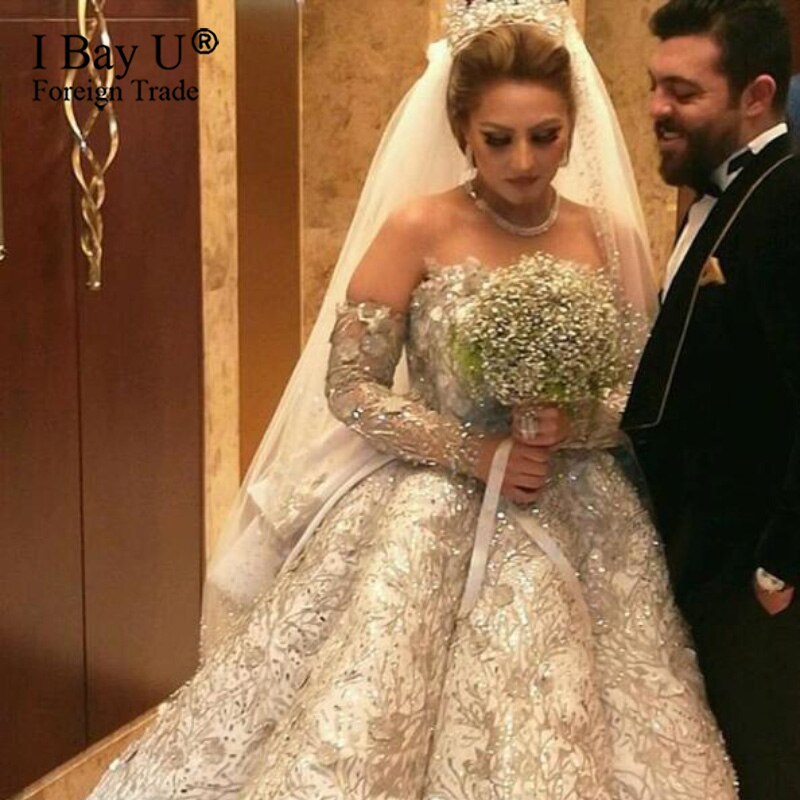 Luxury Princess Wedding Dress 2020 Ball Gown Golden Fluffy 3D Flower Crystal Beading Custom Made Detachable Roy Train vestido
