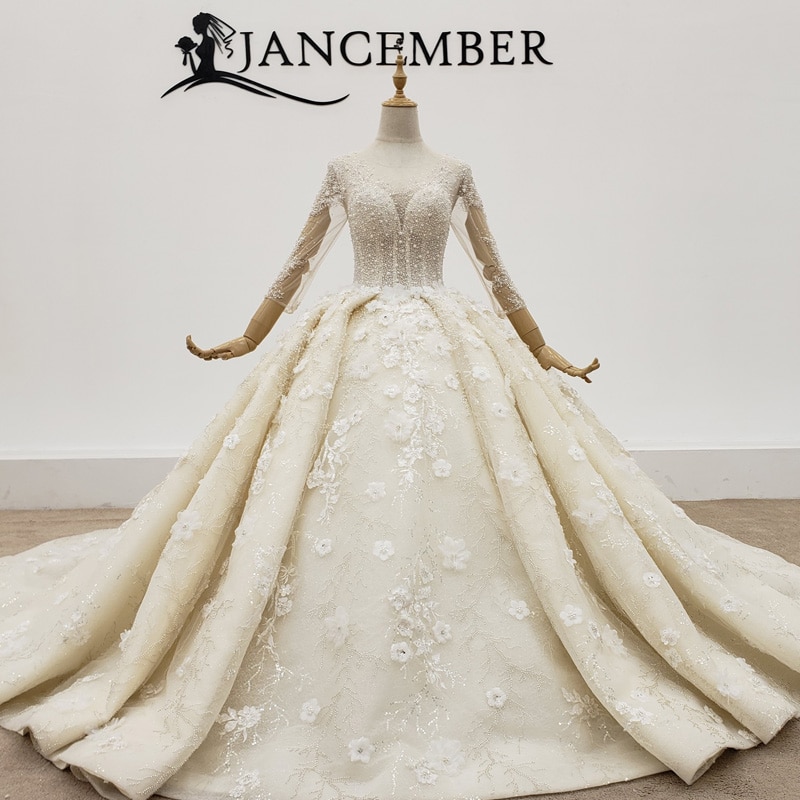 HTL1378 Transparent O Neck Wedding Dress 2020 Sleeves With Pearl And Transparent Bead Under Sancha Flowers Wedding Dress