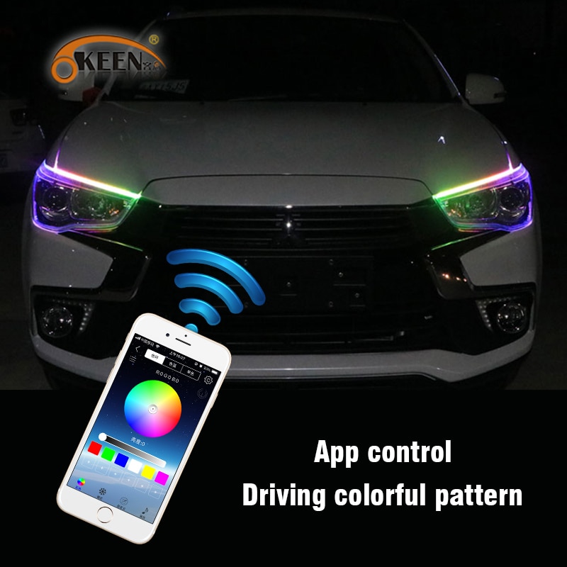 OKEEN 2pcs Car Sequential Flowing RGB Daytime Running Light DRL APP Multi Color LED Light Strip Turn Signal Lights For Headlight