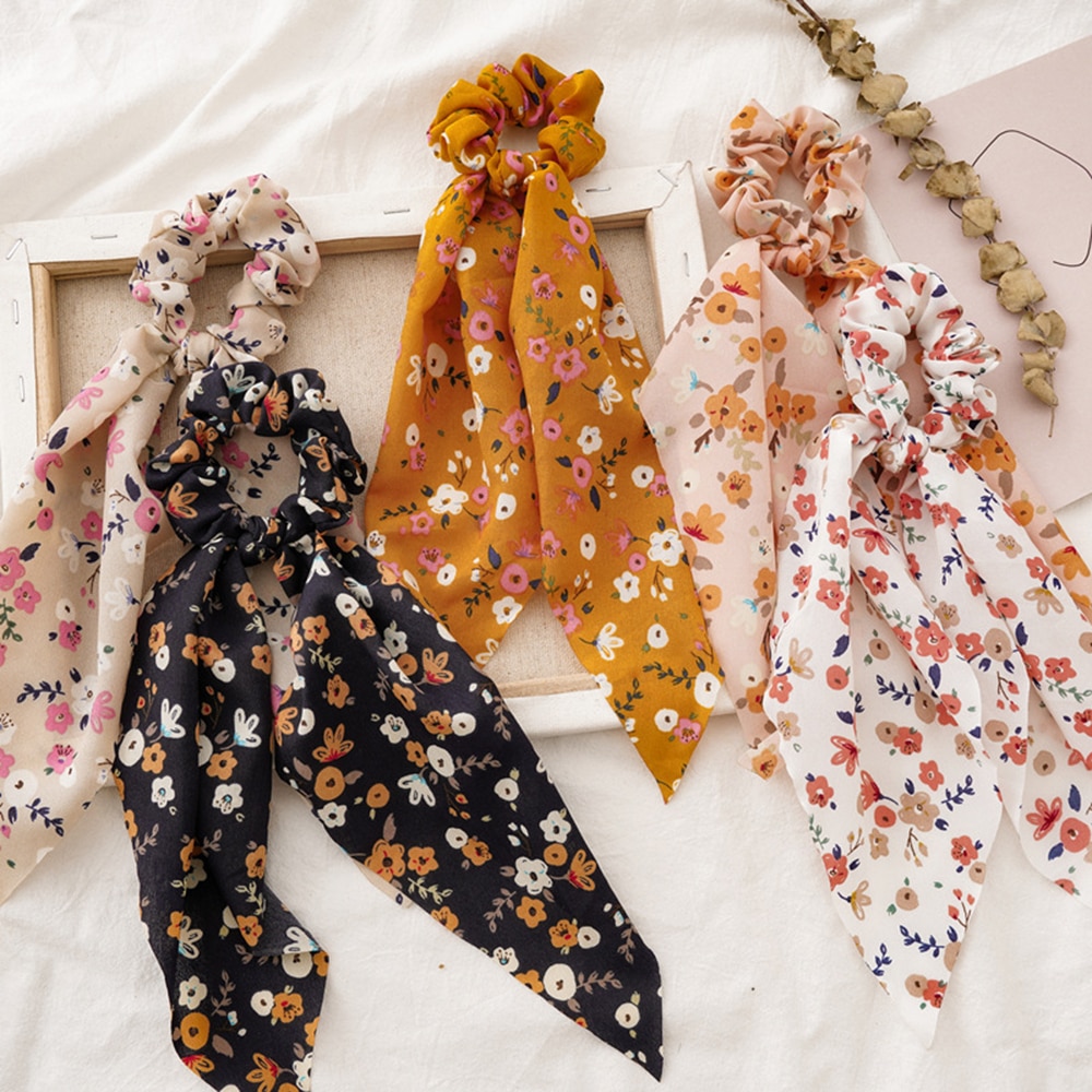 New Fashion Chiffon Silk Wispy floral Bow Hair Scrunchies Women Hair Tie Rope Rubber Bands Ponytail Holder Hair Accessories