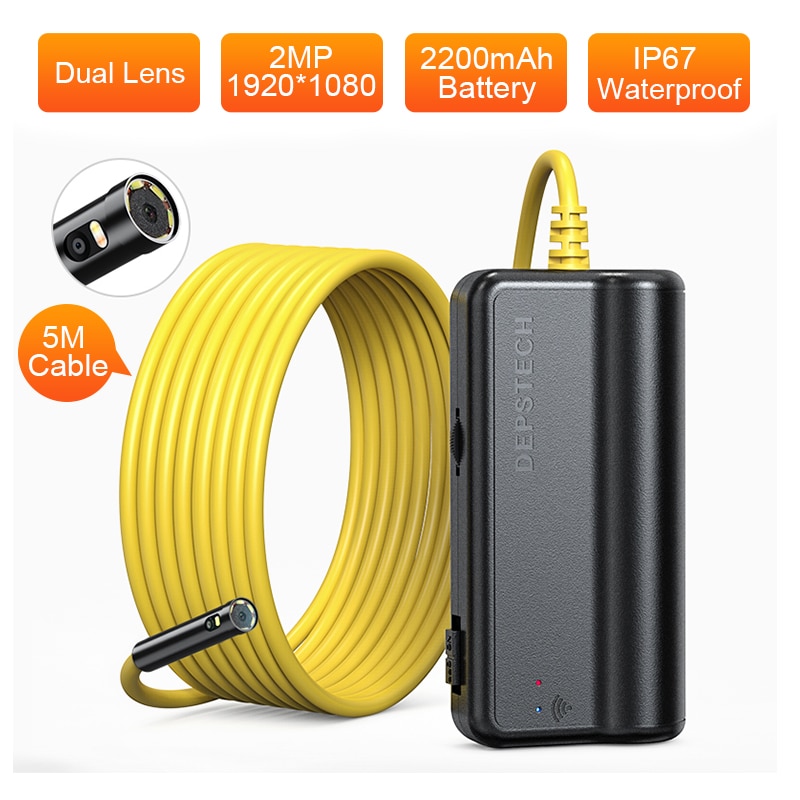 DEPSTECH Dual Lens 2MP 5MP Wireless Endoscope Semi-Rigid Snake Inspection Zoom Scope Camera 1944P WiFi Borescope for Android iOS