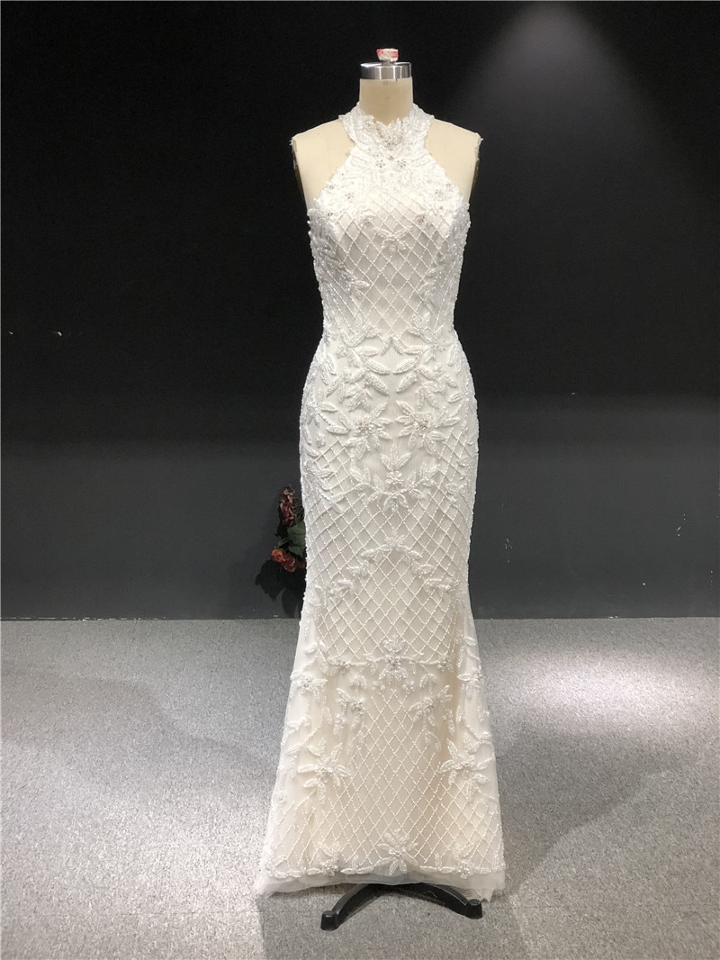 2021 Newest High Quality Real Sample Ivory Halter Sleeveless Open Back Mermaid Heavy Beadings Floor Length Wedding Dress