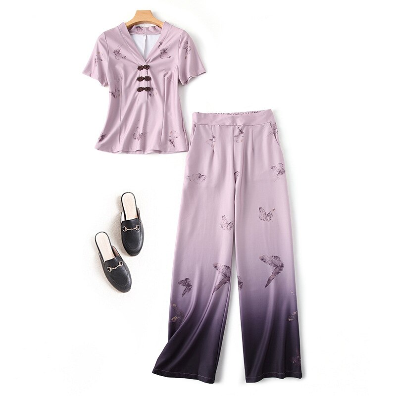 2020 Fashion Runway Summer Pants Suits Women's V Neck Butterfly Print Tops + Full Length Wide Leg Pants Two Piece Set