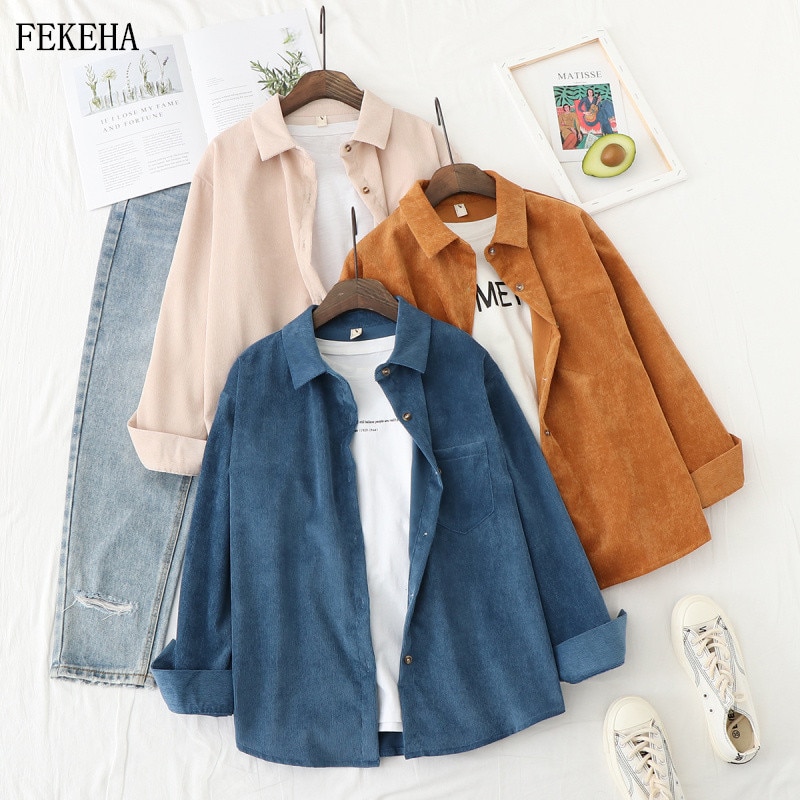 Spring Shirts Women Corduroy Blouses Loose Long Sleeve Solid Lady Tops Casual Outwear Female Clothes Autumn Jacket