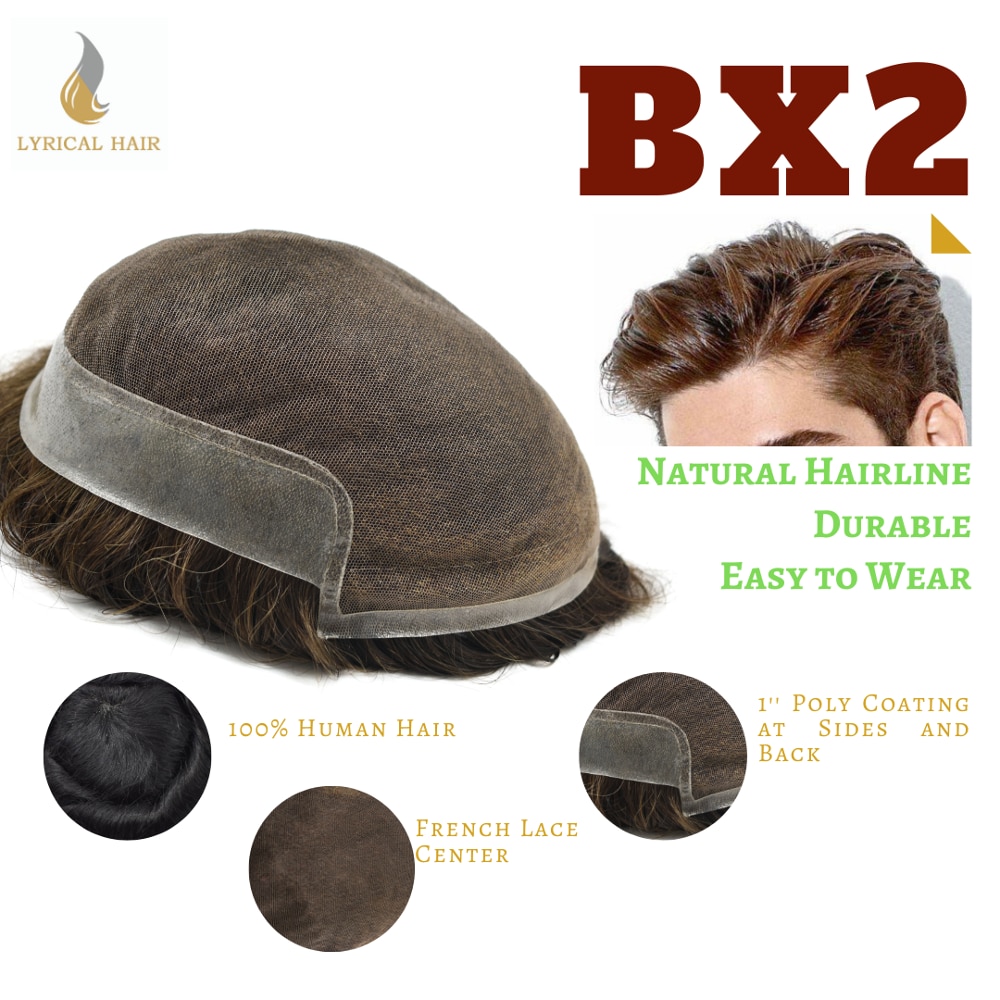 TOUPEE French Lace Natural Men Toupee Breathable Hairpiece Hair Replacement System Black Real Human Hair BX2
