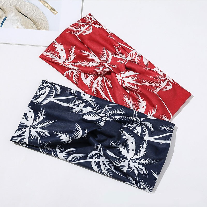 Sports Yoga Cross Knot Women Headband Coconut Tree Print Headwear Stretch Cloth Women Headband Wide Hairband Hair Accessories