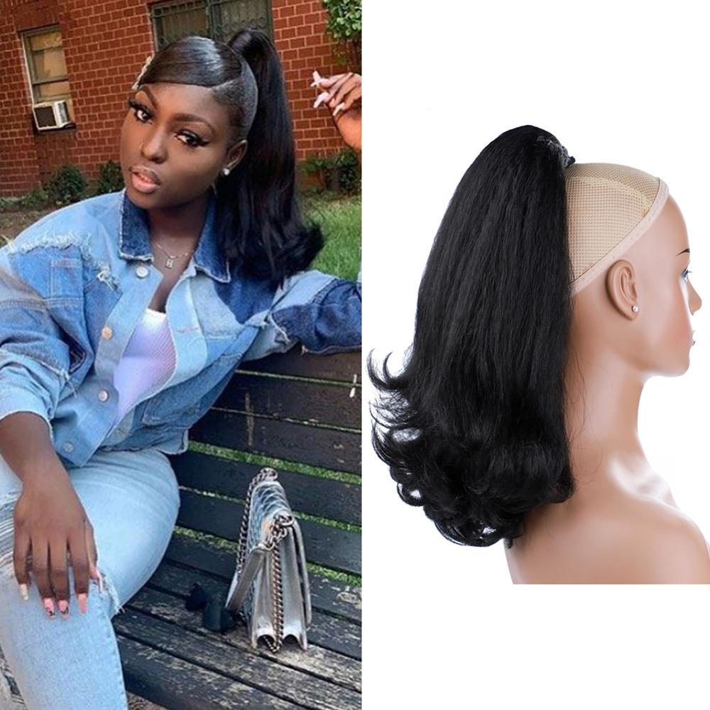 Lydia Tail Warping Synthetic 16" Kinky Straight Hairpiece With Two Plastic Comb Drawstring Ponytail Hair Extension Natural Black