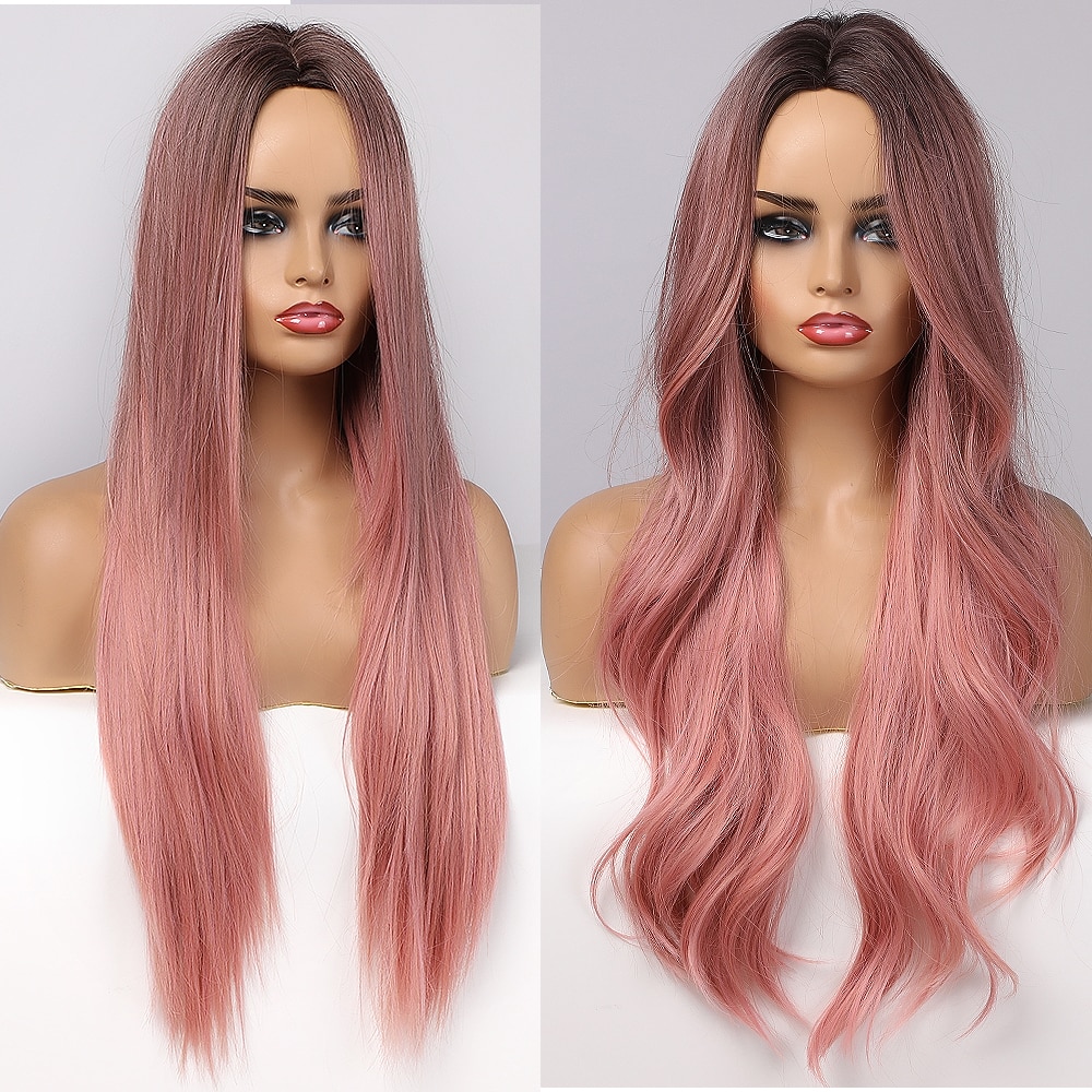 ALAN EATON Long Wavy Synthetic Wigs Ombre Black Pink Wigs for Women Cosplay Natural Middle Part Hair Wig High Temperature Fiber