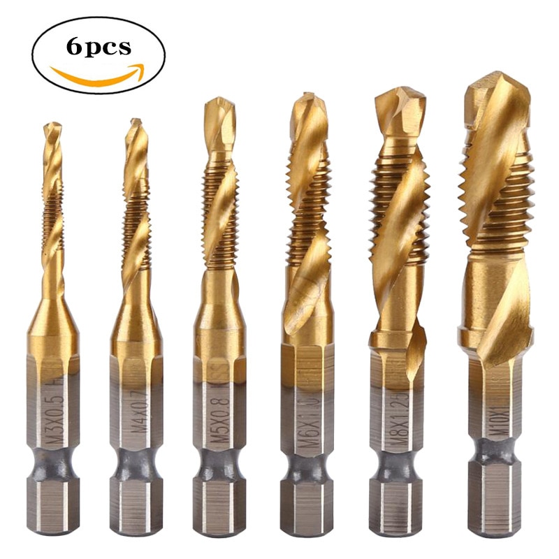 ZK30 6Pcs M3-M10 Hex Shank Titanium Plated HSS Screw Thread Metric Tap Drill Bits High Speed Steel Titanium Quick Change Hex