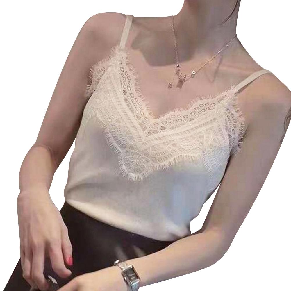 Sexy Women Office Lace Brim Patchwork V Neck Sleeveless Camisole Top Vest Basic Blouse