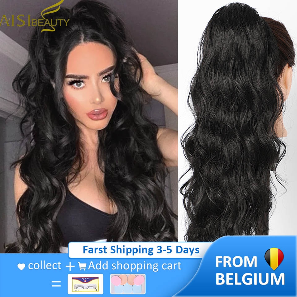 AISI BEAUTY Long Body Wave Ponytail Extension Synthetic Drawstring Ponytail Clip in Hair Extensions for Women Black Blonde Red
