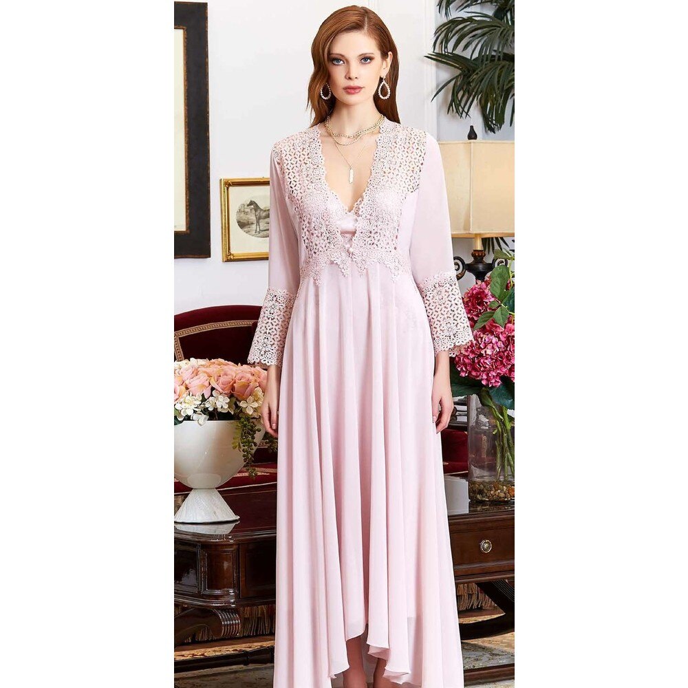 Summer Women Nightgown Dressing Gown Pajamas Set Satin Long Lace Warm Soft Sexy Bra Covered Sizes S M L XL