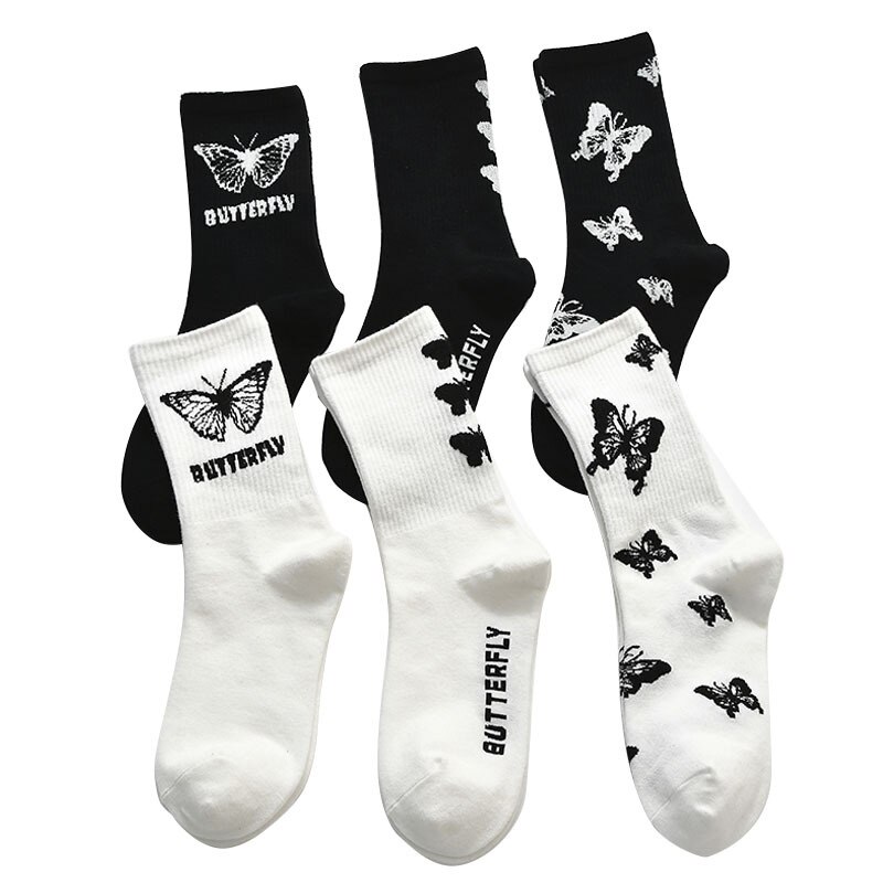Women Crew Socks New Butterfly Cotton Socks Hip Hop Skateboard Sock Girls Middle Tube Sock Fashion Casual Streetwear Socks