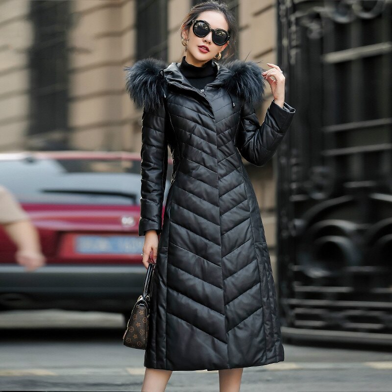 2020 Genuine Leather Jacket Women Long Sheepskin Coat Female Winter Down Jacket Raccoon Dog Fur Collar Mujer Chaqueta Pph1685